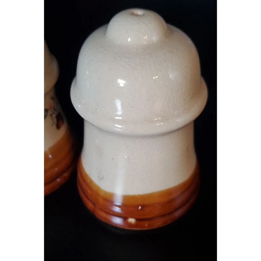 Vintage Brown And Off-white‎ Crockery Salt And Pepper Shaker Floral Farmhouse